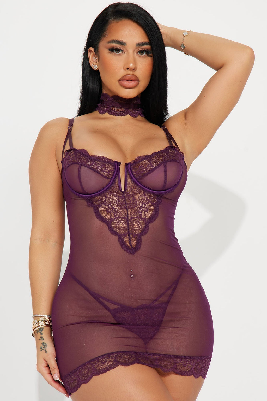 Shy Around You Choker Lace Chemise Set - Plum