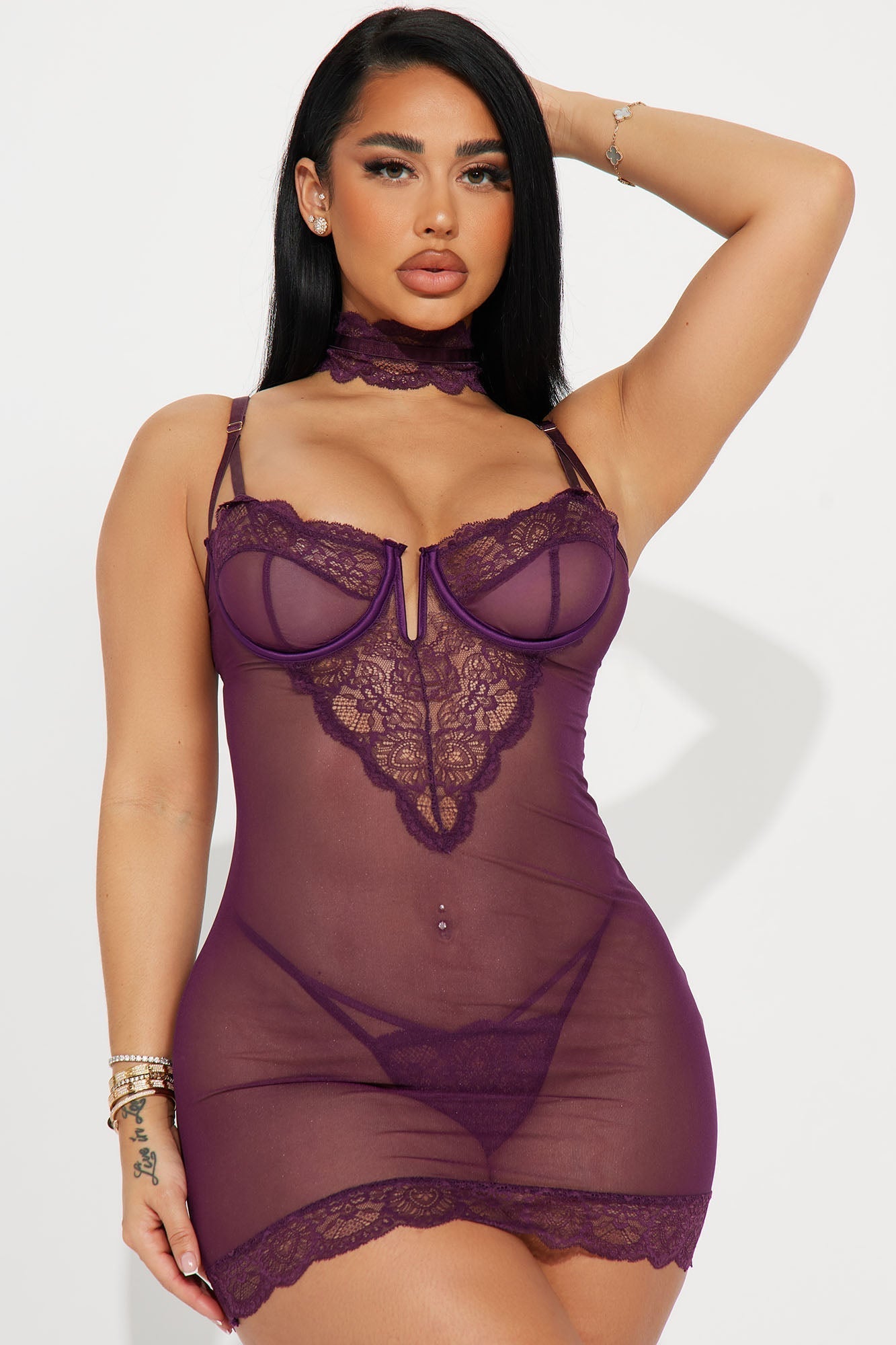 Shy Around You Choker Lace Chemise Set - Plum