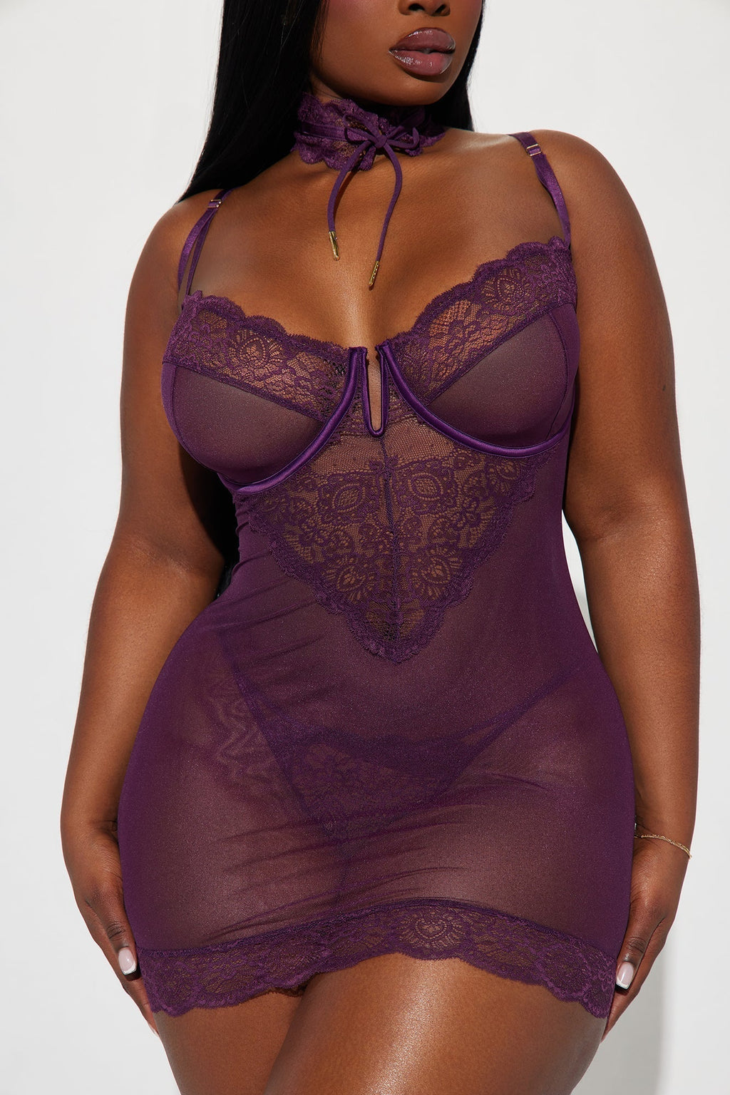 Shy Around You Choker Lace Chemise Set - Plum